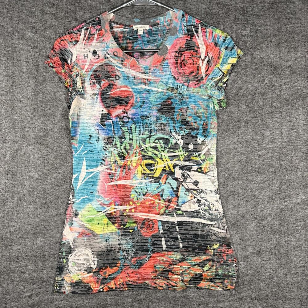 Maurices Womens Multicolor Graffiti Burnout V Neck Graphic Top Small Y2K USA